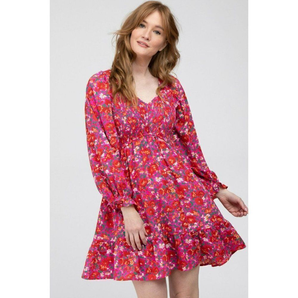 JODIFL Fuchsia Floral Pink Smocked Front Ruffle Trim Dress Fall New S-L G5392-2 - Picture 4 of 8
